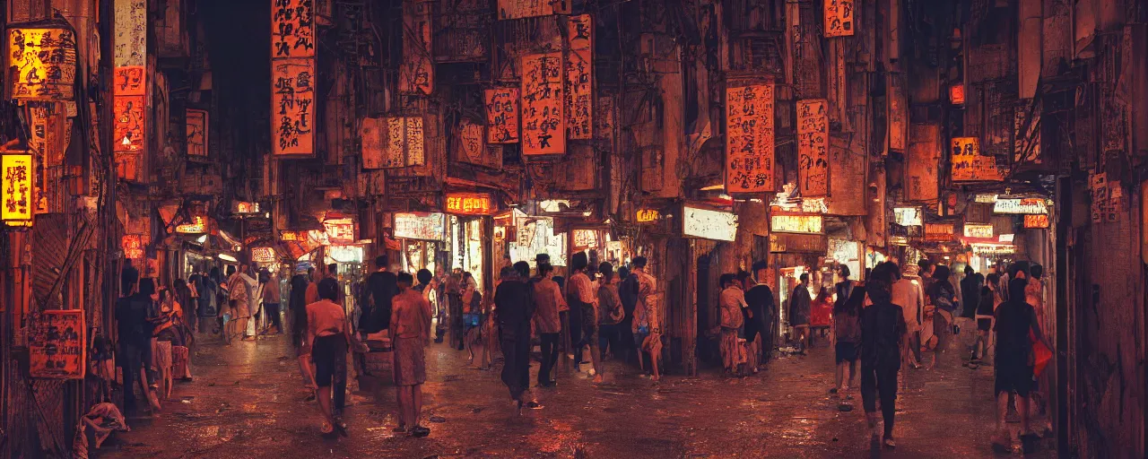 Image similar to digital painting, dynamic 28mm view of a crowded narrow alley in kowloon walled city, dirty, sodium lights,evening, tungstem color balance, cinestill, street photography