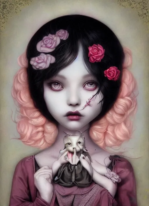 Image similar to pop surrealism, lowbrow art, realistic cute girl painting, japanese street fashion, hyper realism, muted colours, rococo, natalie shau, loreta lux, tom bagshaw, mark ryden, trevor brown style,