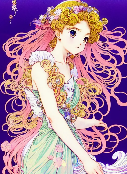 Image similar to exquisite imaginative manga poster of a fairy princess, long wavy hair, rococo ruffles dress, shimmering, by shigenori soejima, minaba hideo, katsuhiro otomo, alphonse mucha, jump comics, illustration, artstation, highly detailed, 8 k, fluorescent, fluorescent, maximalist