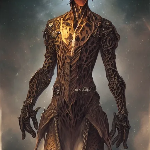 Image similar to beautiful full body portrait of a human - giraffe hybrid male wizard, scaley!! black onyx skin, by wlop and artgerm, steampunk fiction, detailed deep black eyes, space background, trending, on artstation.