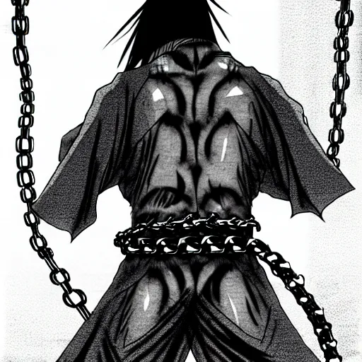 Prompt: A FULL BODY PORTRAIT FROM BEHIND OF TAKEZO FROM MANGA VAGABOND ,THE MAN KEEPS A KUSARIGAMA AND IT IS WRAPPED IN CHAINS ,detailed, concept art, ink style , sketch