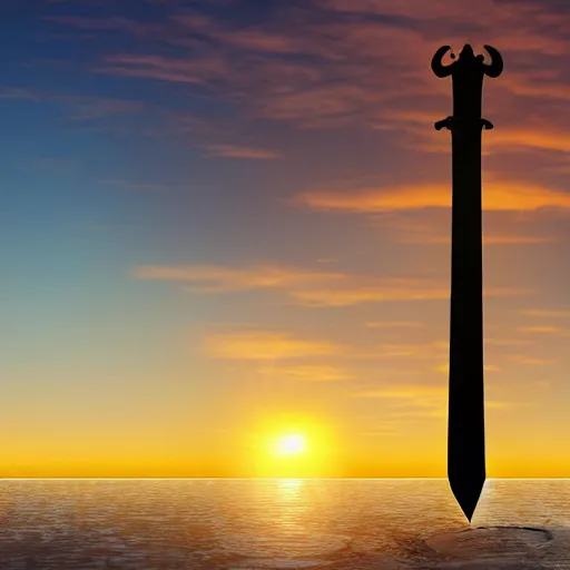 Image similar to a floating sword in front of a sunrise, extremely realistic and beautiful