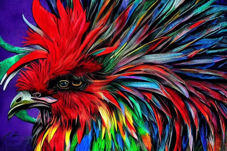 Image similar to digital painting of an ominous rooster with feathers of many colors, by javier medellin puyou and tim lord, lively colors, portrait, sharp focus, colored feathers, jungle
