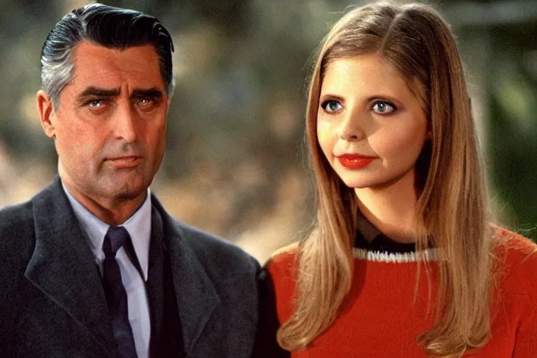 Image similar to cary grant as giles in buffy the vampire slayer, along side sarah michelle gellar 1 9 9 8