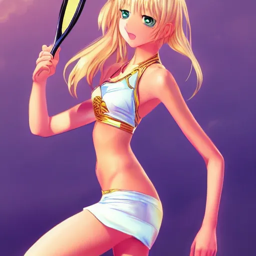 Image similar to full body shot : a very beautiful young blond tennis anime girl, sky blue eyes, golden chains, tattoo, bikini, miniskirt, highly detailed, cinematic wallpaper by stanley artgerm lau
