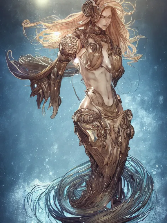 Image similar to full body picture of a warforged mermaid looking at the camera, cynical, bored, beautiful and aesthetic, intricate, unreal engine, messy hair, highly detailed, detailed face, smooth, sharp focus, chiaroscuro, manga illustration, artgerm, greg rutkowski, alphonse mucha, young adult light novel cover art