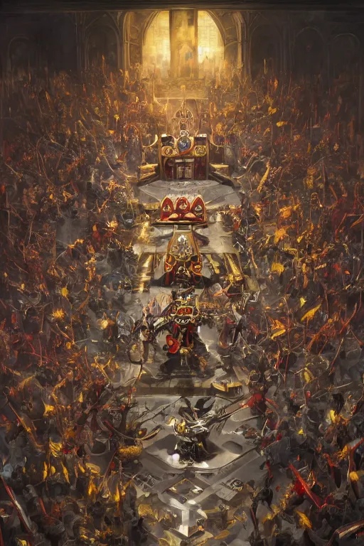 Prompt: Court warhammer harlequin surrounded by crowd, next to the king's throne, futuristic, oil on canvas, digital painting, artstation, concept art, smooth, sharp focus, illustration, artstation trending, perfect composition, golden ratio, beautiful detailed, cinematic, hyper realism, high detail, octane render, 8k, greg rutkowski very coherent symmetrical artwork