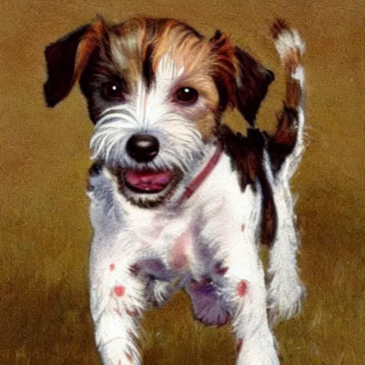 Image similar to a high quality painting of a very cute scruffy wire haired jack russell terrier puppy, white with chocolate brown spots, brown patches over both eyes. he is running through a field. painting by norman rockwell