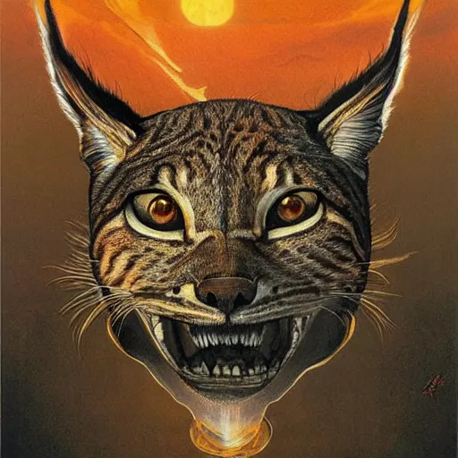 Image similar to giant distorted lynx cat looming over the horizon of a broken earth, perfectly clear face, by j. c. leyendecker and beksinski