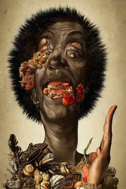 Image similar to Detailed maximalist portrait with dark skin, large mouth and with large white eyes, exasperated expression, HD mixed media, 3D collage, highly detailed and intricate, surreal illustration in the style of Caravaggio, dark art, baroque