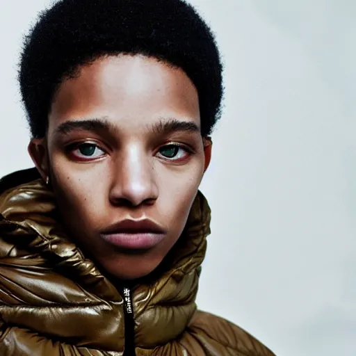 Image similar to realistic photoshooting for a new balenciaga lookbook color film photography close up portrait of a beautiful woman model, model wears a puffer jacket, photo in style of tyler mitchell, ssense