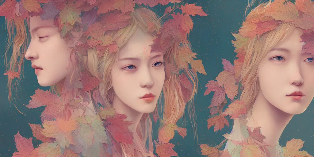 Image similar to breathtaking detailed concept art painting pattern pastel colors of blonde hair faces goddesses amalgamation autumn leaves, by hsiao - ron cheng, bizarre compositions, exquisite detail, 8 k