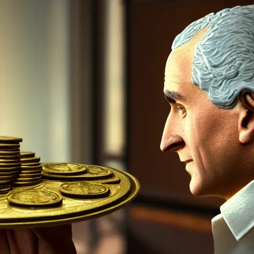 Image similar to a closeup photorealistic photograph of a happy George Washington inspecting small gold Doubloon coins at his home on Cherry Street. This 4K HD image is Trending on Artstation, featured on Behance, well-rendered, extra crisp, features intricate detail and the style of Unreal Engine.