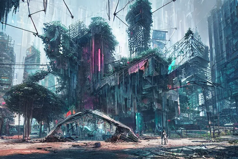 Prompt: a triangular portal structure made from crystals in the centre of an abandoned overgrown cyberpunk city, epic mysterious surrealism, digital matte painting in the style of liam wong