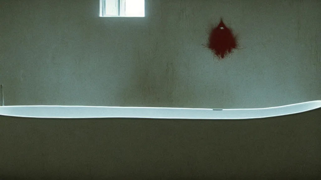 Prompt: the strange creature in a bathtub, floating water, film still from the movie directed by Denis Villeneuve with art direction by Zdzisław Beksiński, wide lens