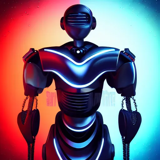 Image similar to futuristic robot with neon eyes, hyperrealistic, cinematic, sleek, epic fantasy background