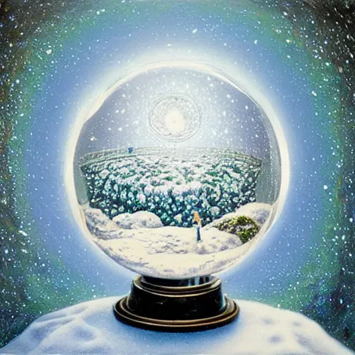 Prompt: “ depiction of the beginning of the universe inside a snow globe, surreal, award winning, highly detailed, style by mark rogers, paul bonner, oil on canvas. ”