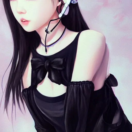 Prompt: realistic detailed semirealism beautiful gorgeous natural cute Blackpink Lalisa Manoban black hair black cat ears, wearing white camisole outfit, headphones, black leather choker artwork drawn full HD 4K high resolution quality artstyle professional artists WLOP, Aztodio, Taejune Kim, Guweiz, Pixiv, Instagram, Artstation