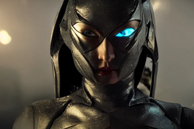 Image similar to VFX movie closeup portrait of a futuristic inhuman alien hero woman in spandex armor in future city, hero pose night lighting by Emmanuel Lubezki