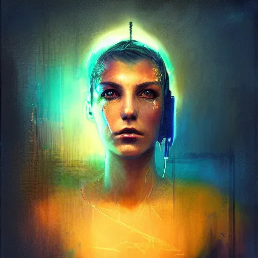 Prompt: female cyberpunk portrait by cy Twombly and BASTIEN LECOUFFE DEHARME, iridescent, volumetric lighting, blue and mustard