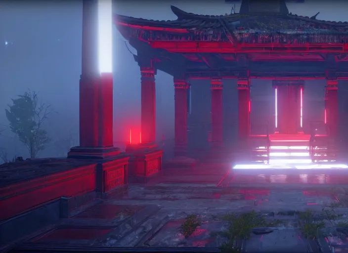 Image similar to ancient temple of worship with red shafts of light in destiny 2, foggy, liminal, dark, dystopian, beautiful architecture, abandoned, highly detailed 4 k 6 0 fps in - game destiny 2 gameplay screenshot leak