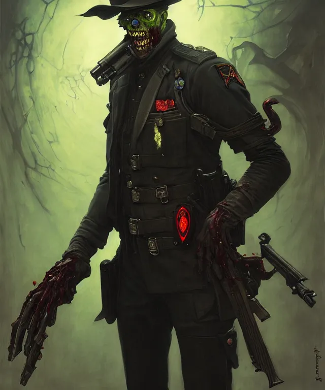Image similar to painting of a slimy zombie cop by edgar maxence and rhads and leyendecker. bloodborne award - winning digital art on pixiv, trending on artstation, cinematic lighting, dramatic lighting, stunning and beautiful scenery - highly detailed, hyperrealistic, unreal engine 5