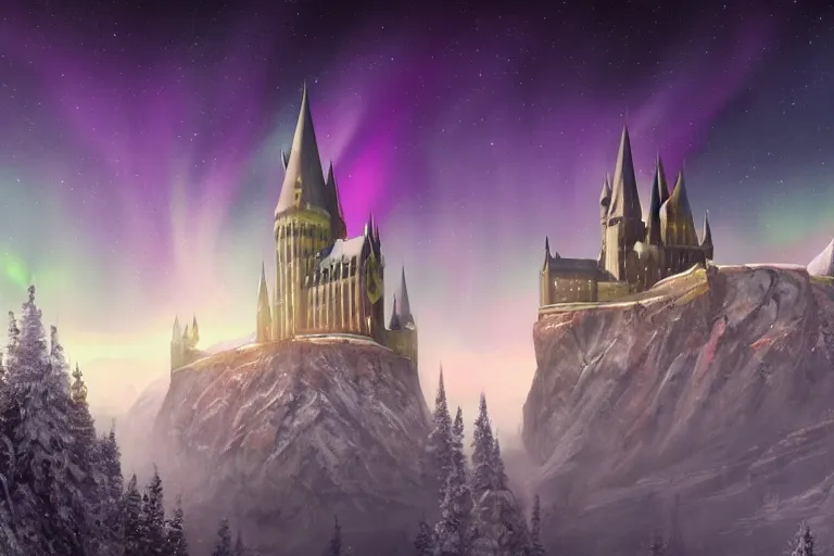 Image similar to mysterious painting of Hogwarts under the northern lights, immaculate scale, hyper-realistic, Unreal Engine, Octane Render, digital art, trending on Artstation, 16k, detailed, atmospheric, immaculate