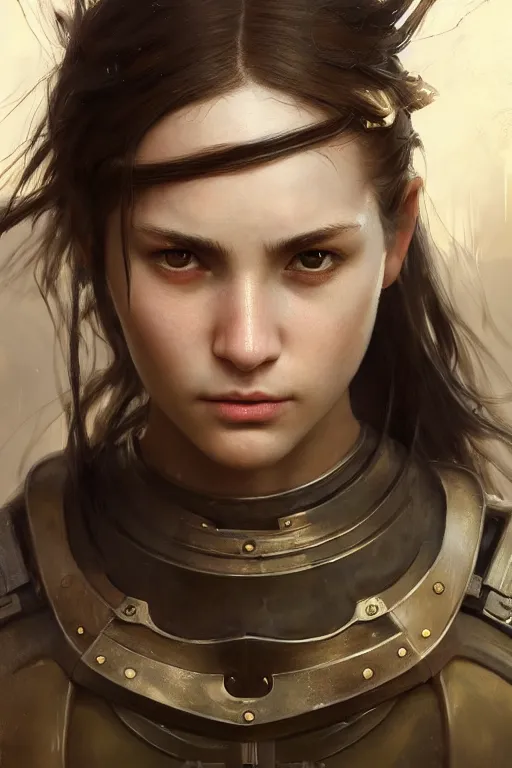 Image similar to a photorealistic painting of an attractive young girl, partially clothed in battle armor, olive skin, long dark hair, beautiful bone structure, symmetrical face, perfect eyes, intricate, elegant, digital painting, concept art, illustration, sharp focus, minimal artifacts, from Metal Gear, in the style of Ruan Jia and Mandy Jurgens, by Greg Rutkowski, trending on Artstation, award winning