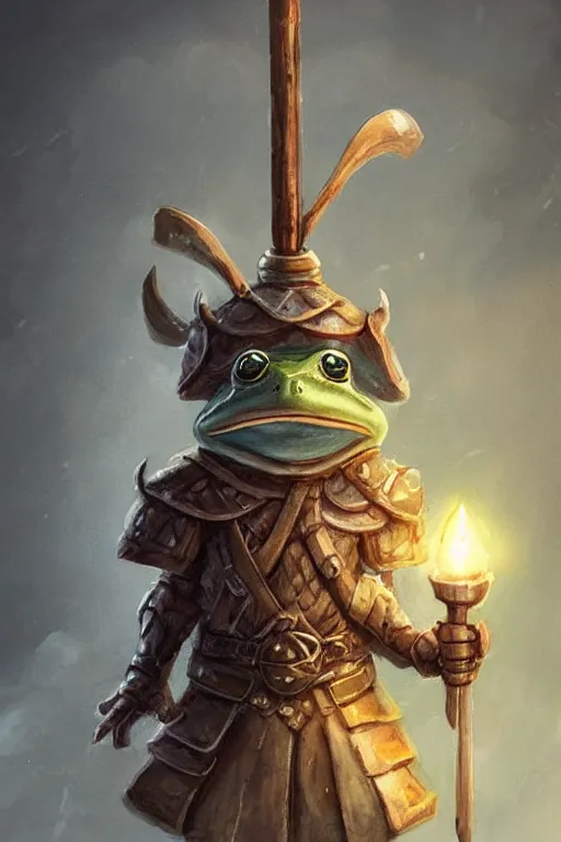 Image similar to cute anthropomorphic frog knight wearing a cape and a Viking helmet and holding lantern, tiny, small, miniature frog, baby animal, short, pale blue armor, cute and adorable, pretty, beautiful, DnD character art portrait, matte fantasy painting, DeviantArt Artstation, by Jason Felix by Steve Argyle by Tyler Jacobson by Peter Mohrbacher, cinematic lighting