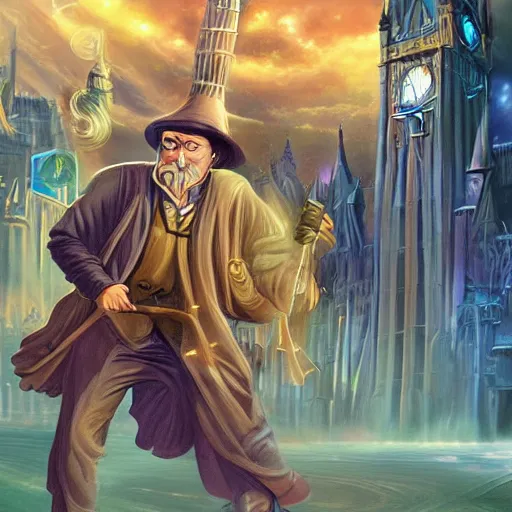 Prompt: A travelling business wizard who keeps all of his spell components in a suitcase, fantasy city background , style of Boris Vallejo,