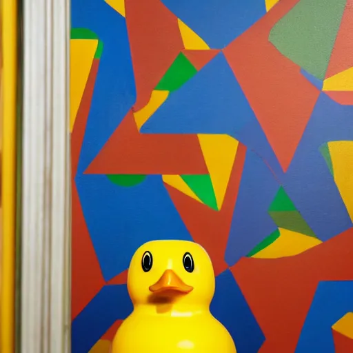 Image similar to one photorealistic rubber duck in foreground on a pedestal in an art gallery, the walls are covered with colorful geometric wall paintings in the style of sol lewitt, tall arched stone doorways.