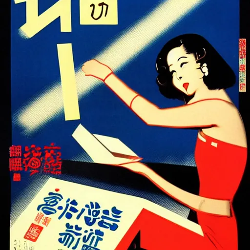 Image similar to the computer that spoke japanese, movie poster, artwork by Bill Medcalf