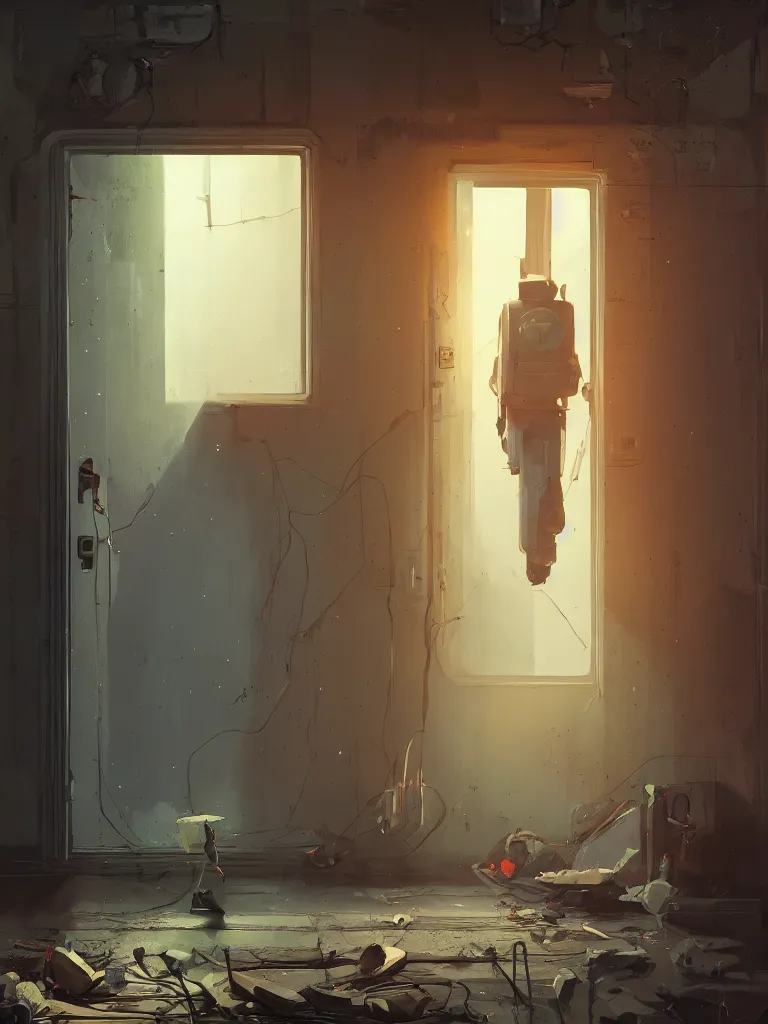 Prompt: a door is open a gap and thus shines light in a painting from stalenhag, 4 k, 8 k, hdr, artstation, concept art