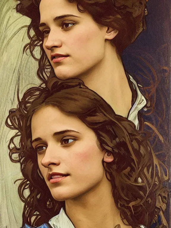 Prompt: an art nouveau style head and shoulders portrait oil painting of a pretty young alicia vikander as a mechanic in a dirty coveralls holding a wrench, in front of a round, complex rotary airplane engine, intricate, detailed, smooth, complex, elaborate, by alphonse mucha and james gurney and john william waterhouse