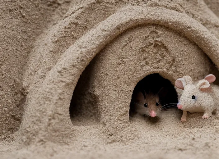 Image similar to dslr photo still of a mouse inside a sand castle, 8 k, 8 5 mm f 1. 4