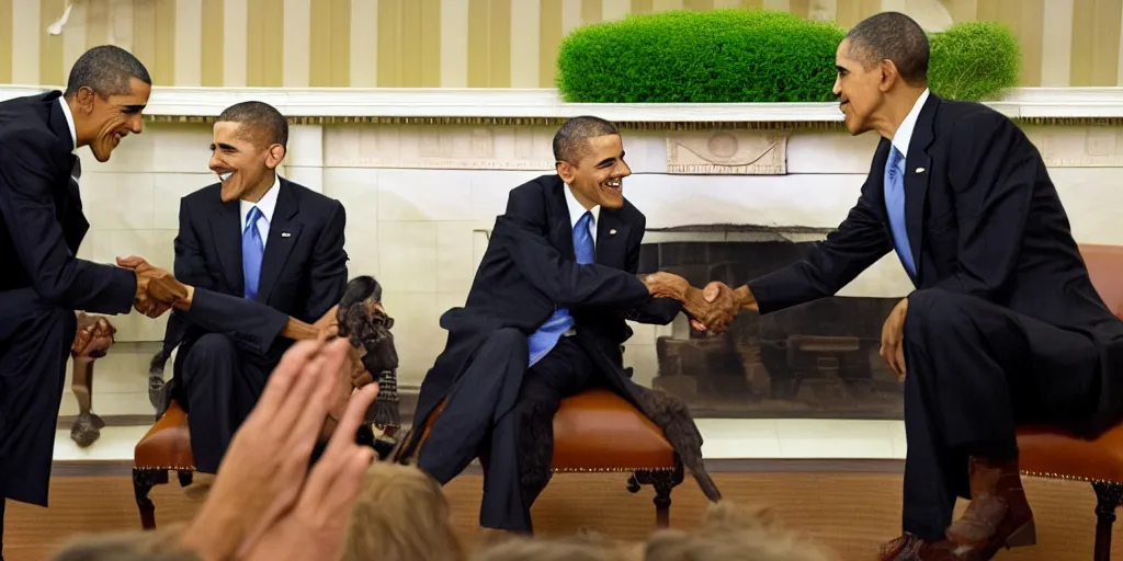 Image similar to A photo of a handshake between barrack obama and shrek inside the white house
