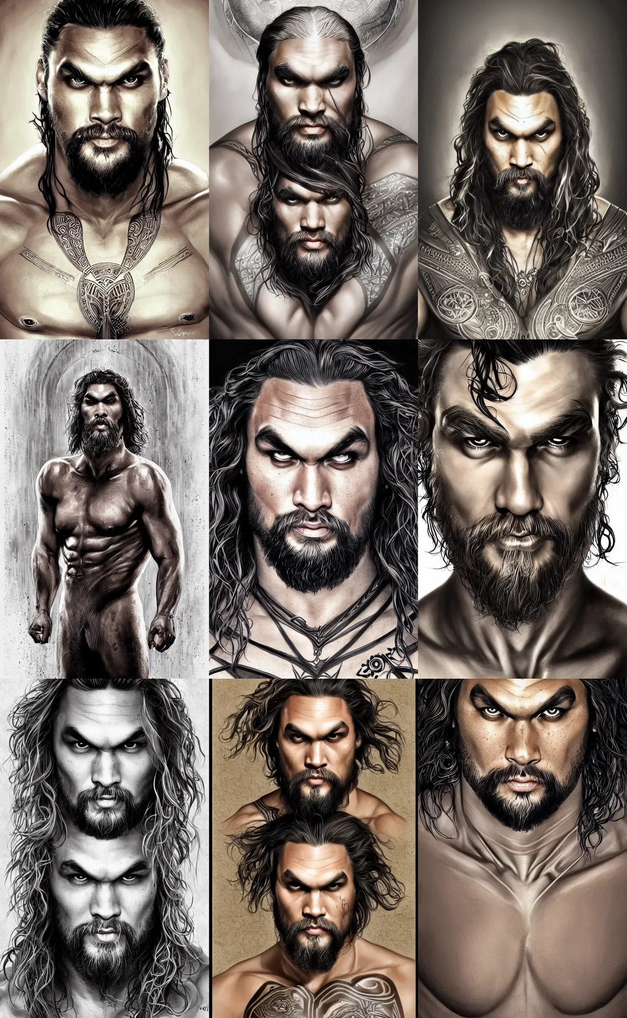 Prompt: jason momoa young symmetrical portrait, hairless, glabrous, neutral background, intricate, sharp focus, illustration, artgerm, aleksi briclot, mucha