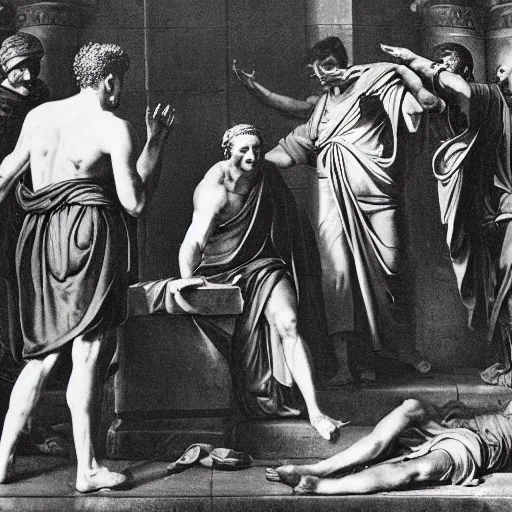 Prompt: a nikon minolta photograph of the last moments of julius caesar's life