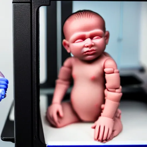 Image similar to 3D printer printing real human babies, very detailed, 24mm photography with shallow depth and bokeh