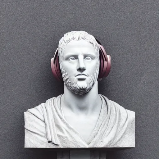 Prompt: roman bust wearing headphones, vaporwave!!!!! aesthetic