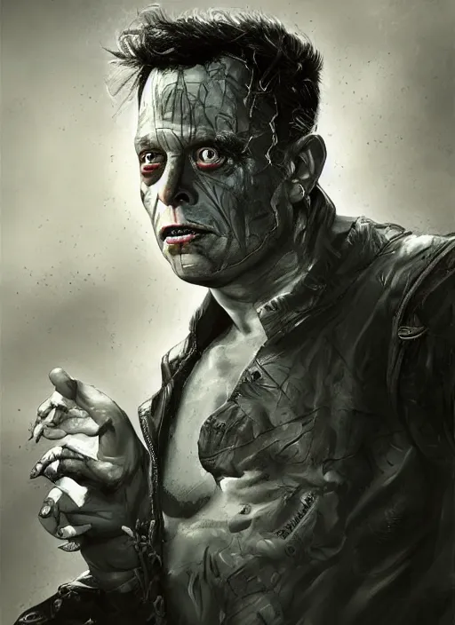 Image similar to elon musk as frankenstein, detailed digital art, trending on Artstation