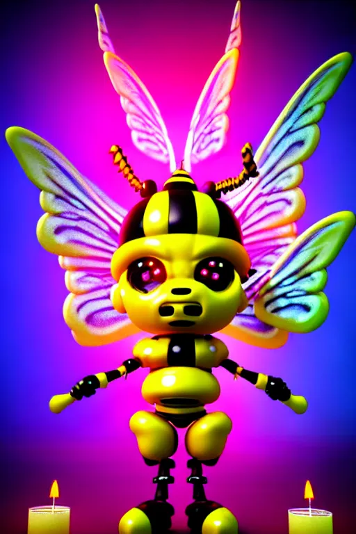 Prompt: 3 d render of chibi cyborg bee demon by ichiro tanida wearing a big cowboy hat covered with melting candles and wearing angel wings against a psychedelic swirly background with 3 d butterflies and 3 d flowers n the style of 1 9 9 0's cg graphics 3 d rendered y 2 k aesthetic by ichiro tanida, 3 do magazine