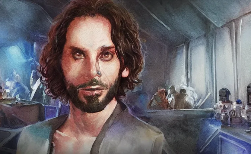 Prompt: a realistic star wars watercolor fantasy concept art of a drug dealer that looks like chris d'elia in a sleazy futuristic bar of coruscant, hq, 4 k