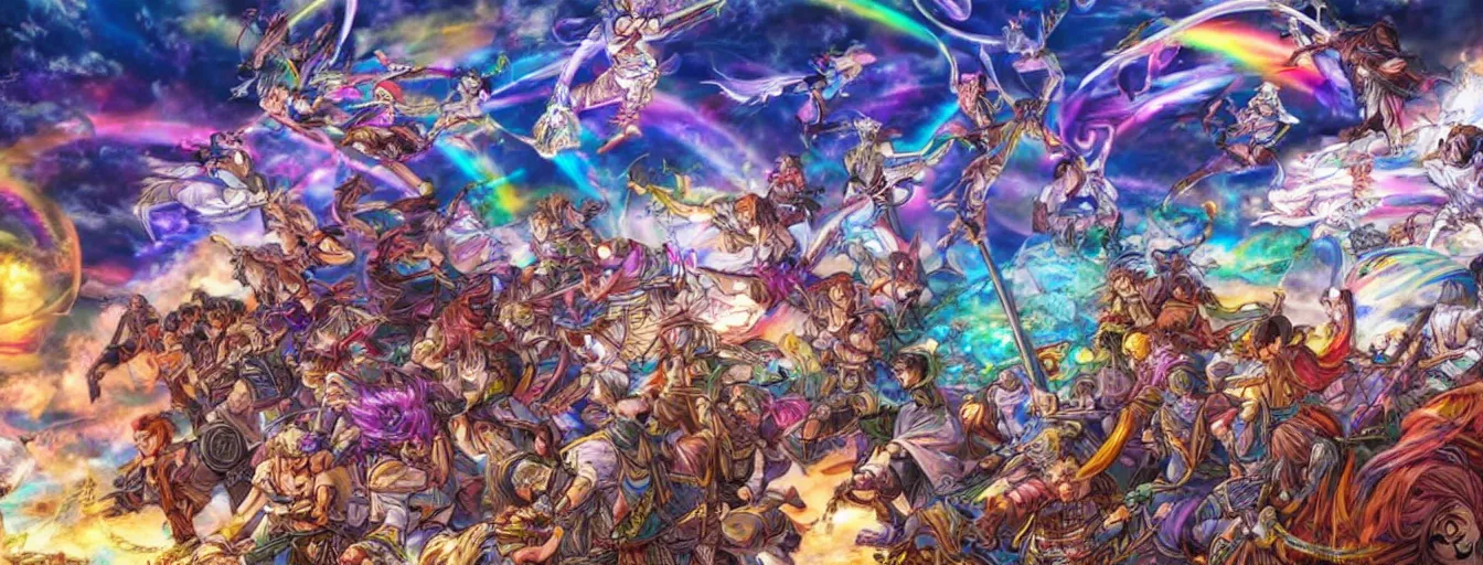 Image similar to rainbow souls fighting on a battlefield with spirit power flying around. hyperrealistic anime background illustration by kim jung gi, colorful, extremely detailed intricate linework, smooth, super sharp focus, bright colors, high contrast, matte, octopath traveler, unreal engine 5 highly rendered, global illumination, radiant light