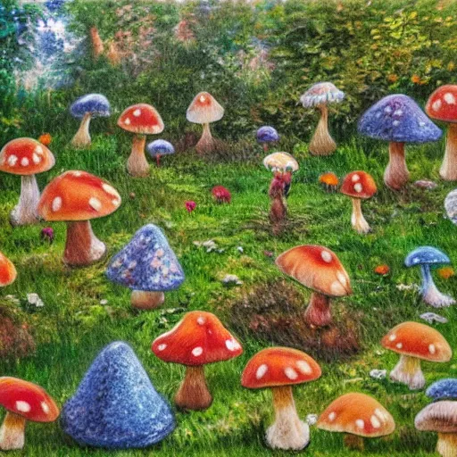 Prompt: many gnomes working in a natural floral forest, building mushrooms, fairytale, impressionism