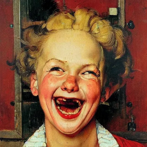 Image similar to Frontal portrait of a woman so happy that her face hurts. A painting by Norman Rockwell.