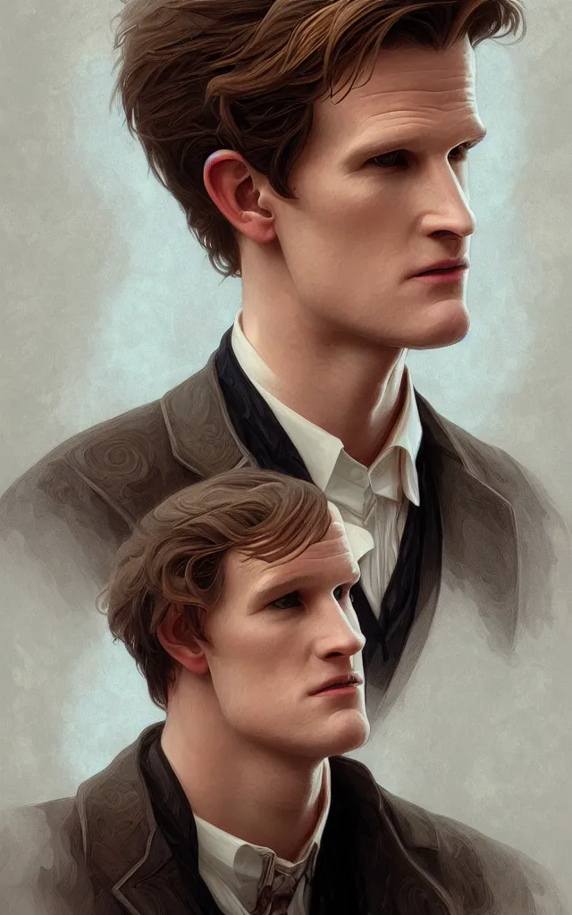 Prompt: symmetry portrait of matt smith, intricate, elegant, highly detailed, digital painting, artstation, concept art, smooth, sharp focus, illustration, art by artgerm and greg rutkowski and alphonse mucha