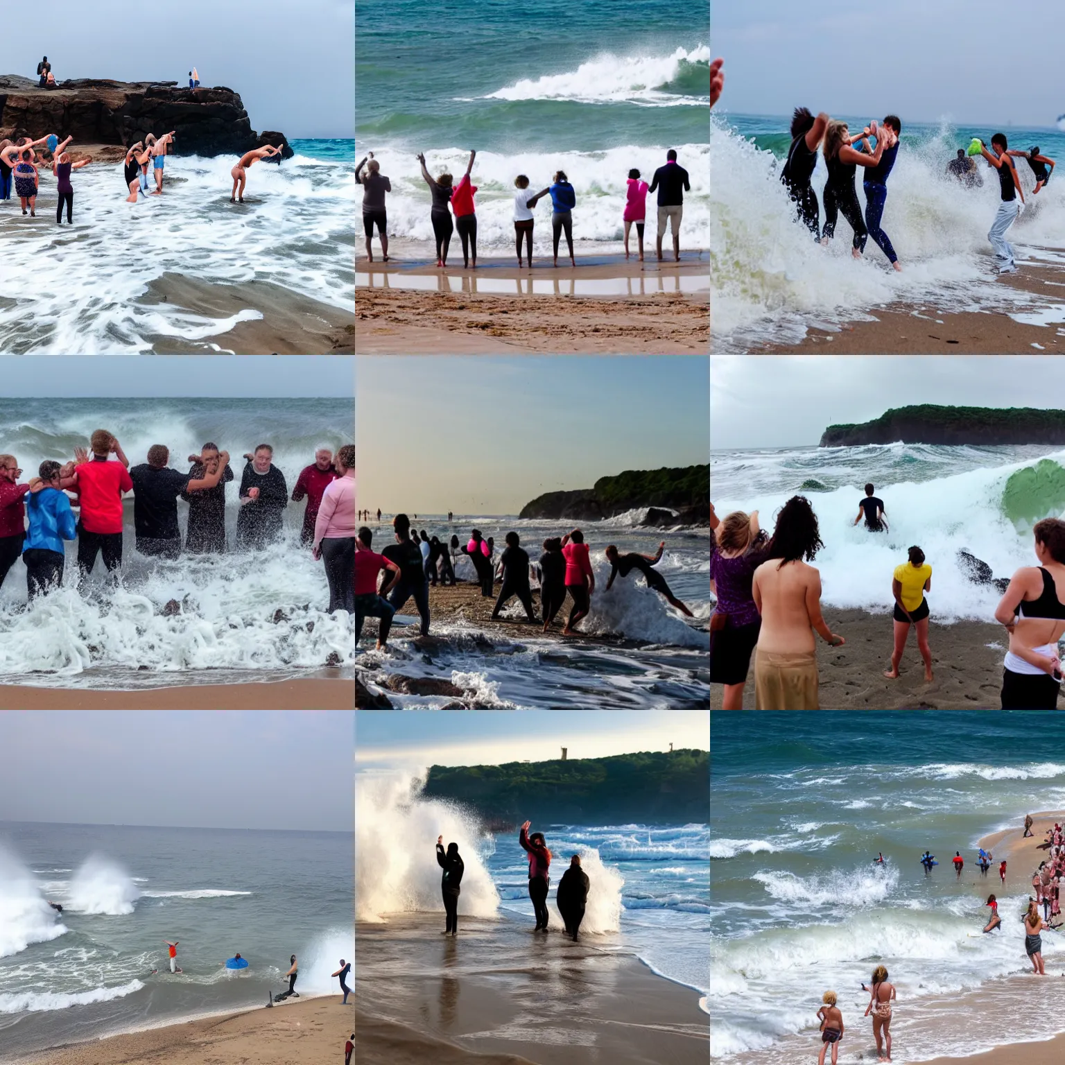 Prompt: A group of people trying their best to hold back and stop waves from crashing into the beach