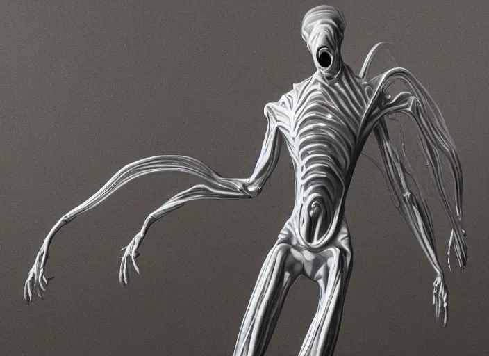 Image similar to stylized shiny polished silver statue full body extra limbs bizarre cosmic horror demonic demon made of marble of slug creature alien, perfect symmetrical body, perfect symmetrical face, hyper realistic, hyper detailed, by johannen voss, by michelangelo, octane render, blender, 8 k, displayed in pure white studio room