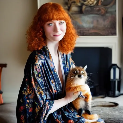 Image similar to a stunning hyper-detailed closeup portrait photo of a slender beautiful smiling woman with long ginger hair and bangs, wearing a luxurious silk robe, wearing headphones and posing with her large ginger tabby cat and her raccoon and parrots in an overstuffed easy chair in her sunlit victorian living room, holding a porcelain parrot-shaped coffee mug and a donut, perfect eyes, fashion photography, octane render, unreal engine, 85 mm lens,